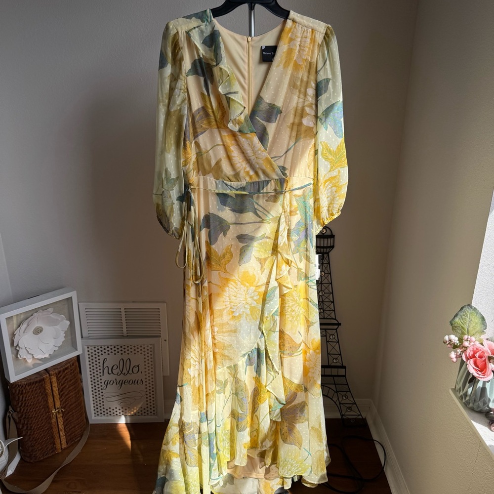 NWT Maison Tara Asymmetrical Hem Tiered Ruffle V-Neck Faux Wrap Midi Dress Sz 10 - Picture 2 of 11